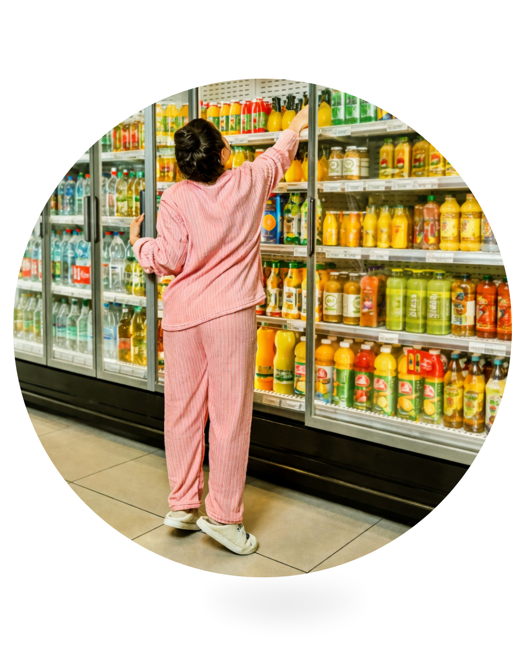 Pessoa de pijama pegando uma garrafa na geladeira do Gepetto Mercado